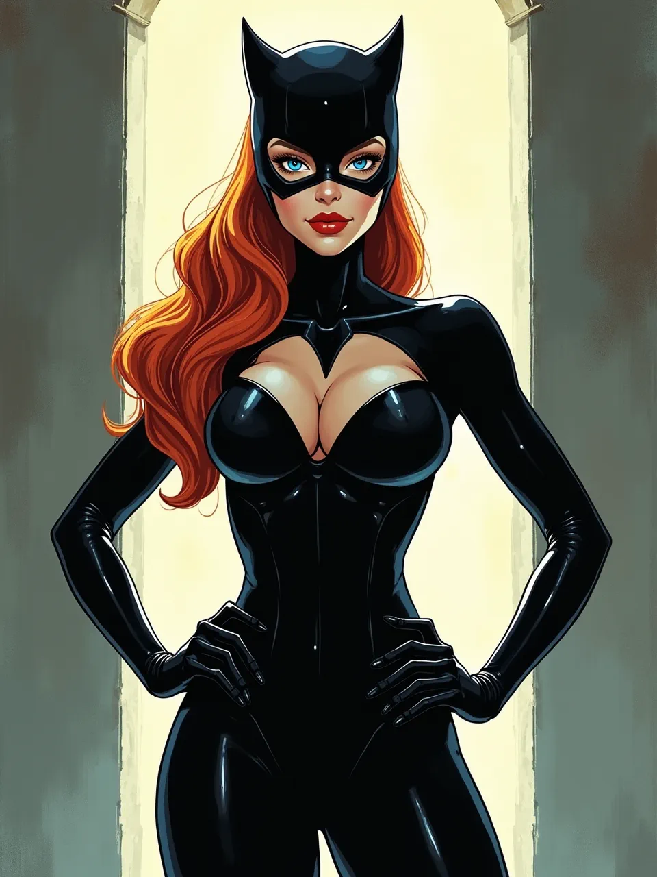 This stunning Catwoman digital artwork, in Rafael Albuquerque's style, utilizes dramatic backlighting, emphasizing glossy suit textures and vibrant comic book aesthetics.
