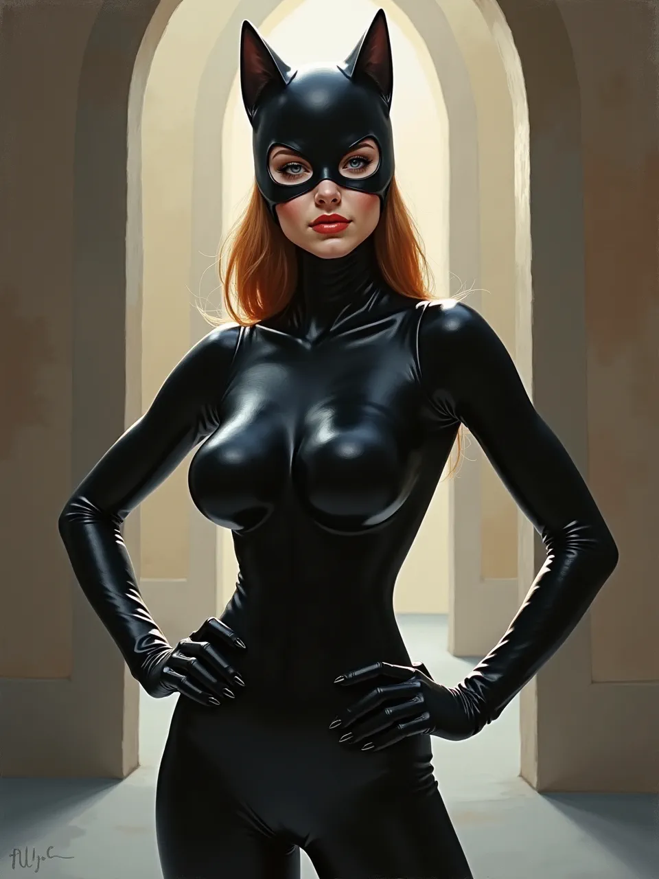This Catwoman digital painting, infused with Ralph Angus McQuarrie's style, brilliantly uses dramatic lighting and glossy textures, epitomizing concept art through a painterly medium.