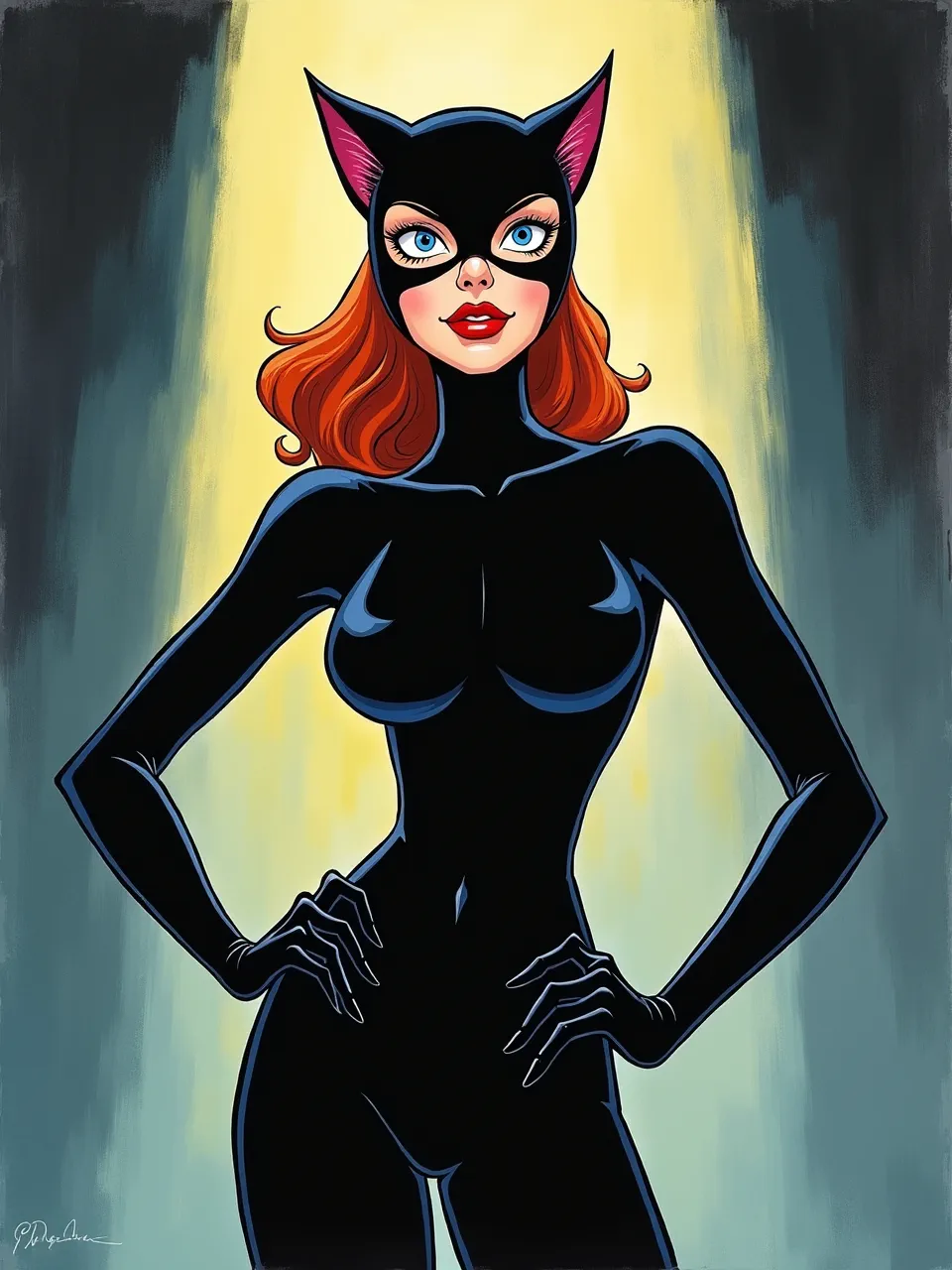 This vibrant Ralph Bakshi-esque Catwoman, iconic and bold, features dramatic spotlighting, glossy suit textures, and a dynamic hand-drawn digital painting medium that evokes classic animation.