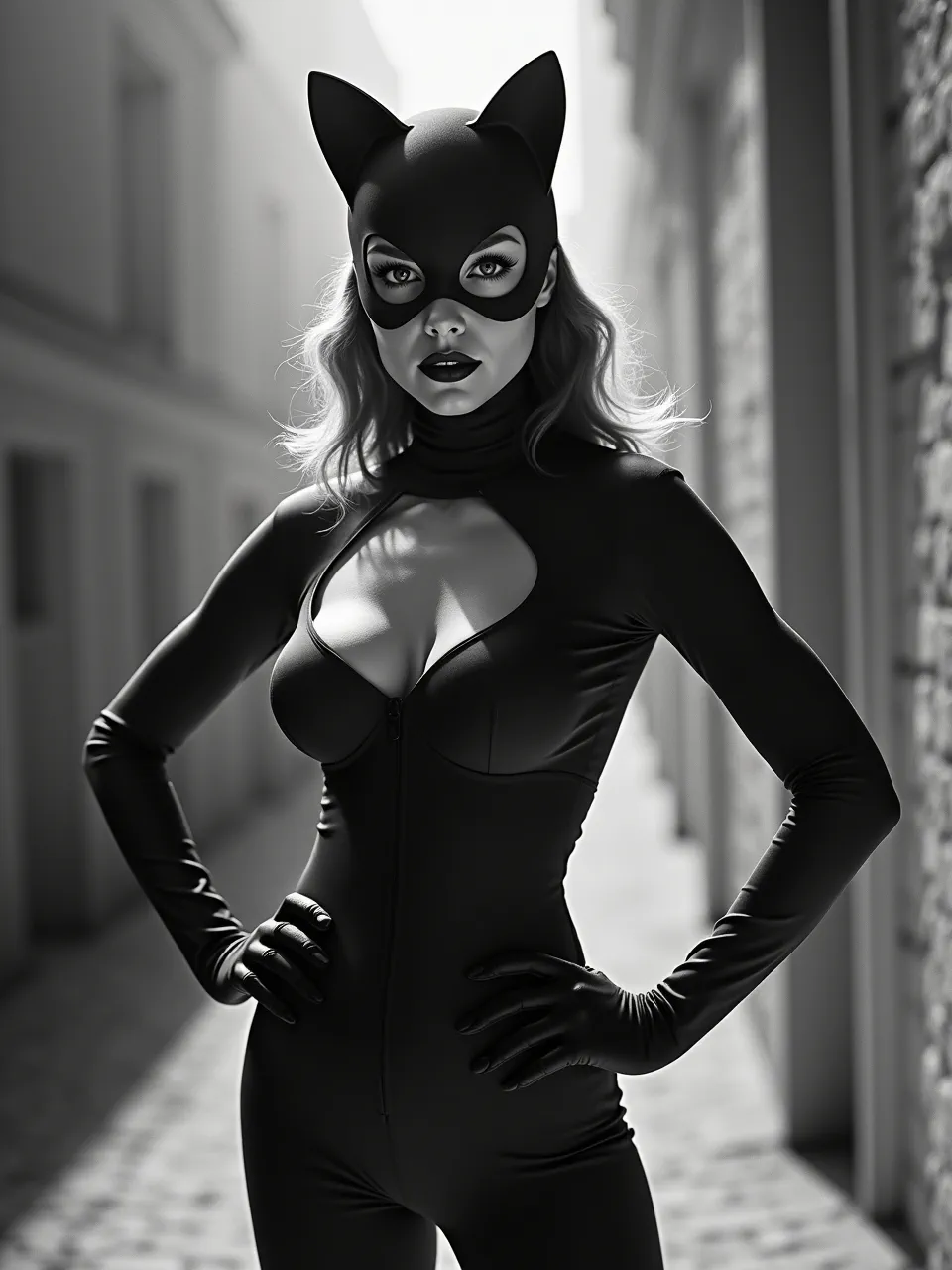 This Ralph Gibson-inspired black and white Catwoman portrait masterfully uses dramatic lighting and sharp textures. High-contrast photography highlights the sleek suit's details, a striking AI artwork.
