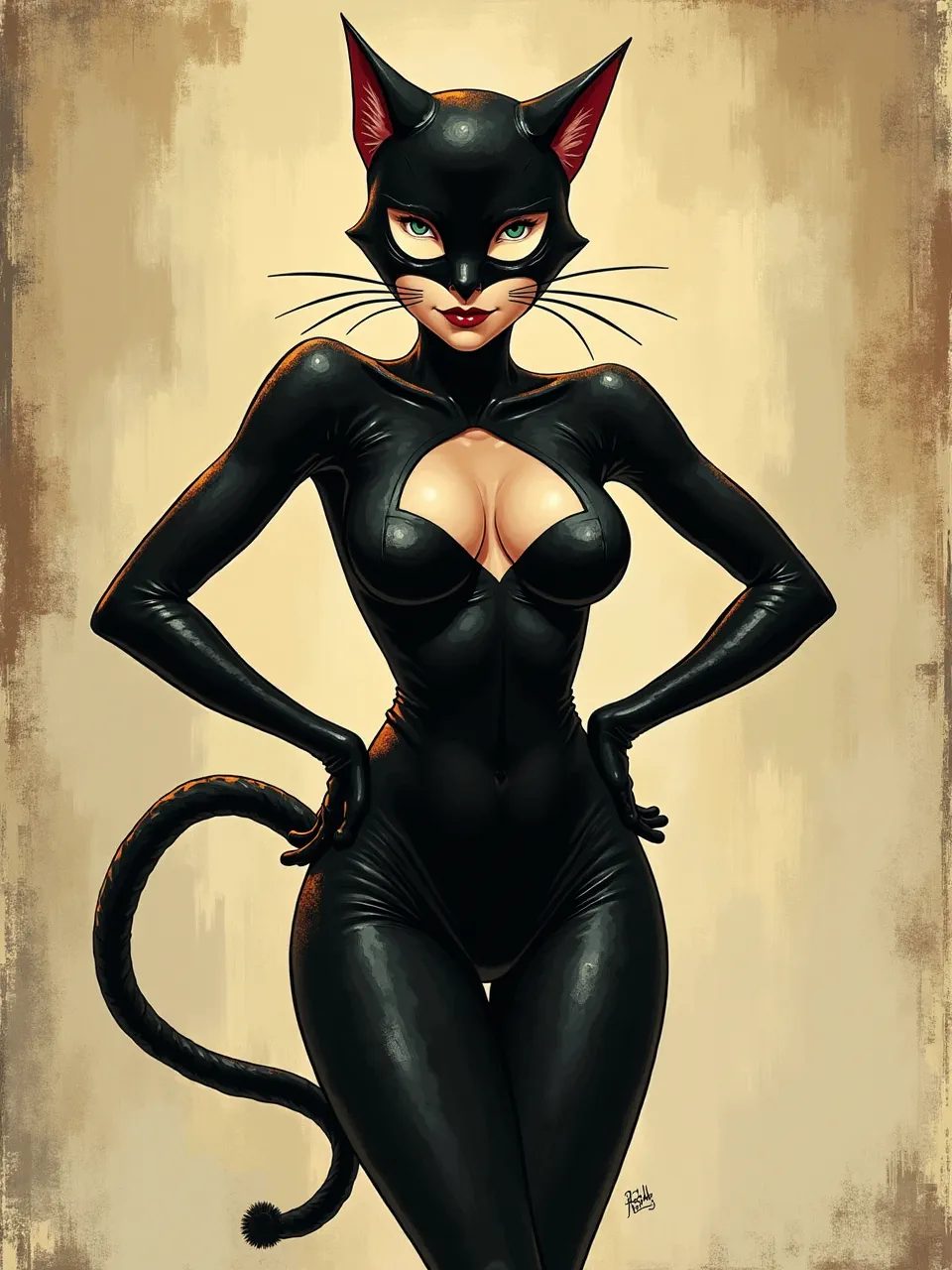 This Ralph Steadman-inspired Catwoman digital illustration shines with dramatic, high-contrast lighting. Glossy suit textures meet gritty, ink-wash backgrounds, creating a unique mixed-media aesthetic.
