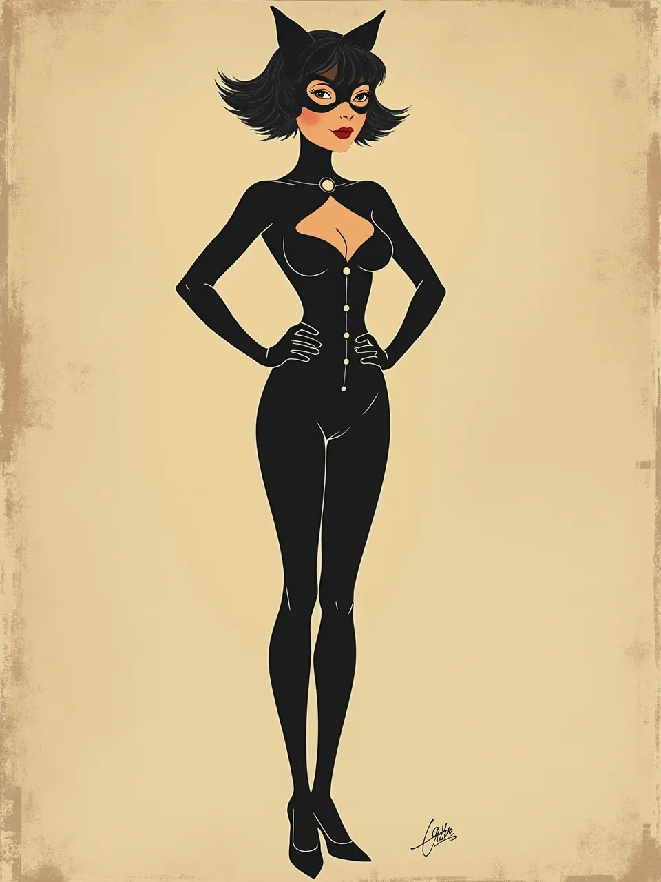 This Catwoman digital illustration, inspired by Raphael Kirchner, boasts flat lighting, smooth textures, and a distressed vintage print artistic medium, a striking design.