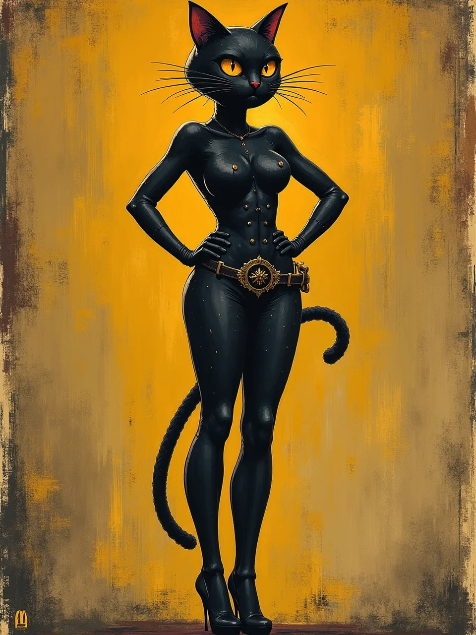 This Ravi Zupa-style Catwoman generation showcases striking glossy textures and dramatic lighting on her sleek suit, rendered with a rich, distressed screen-print aesthetic.