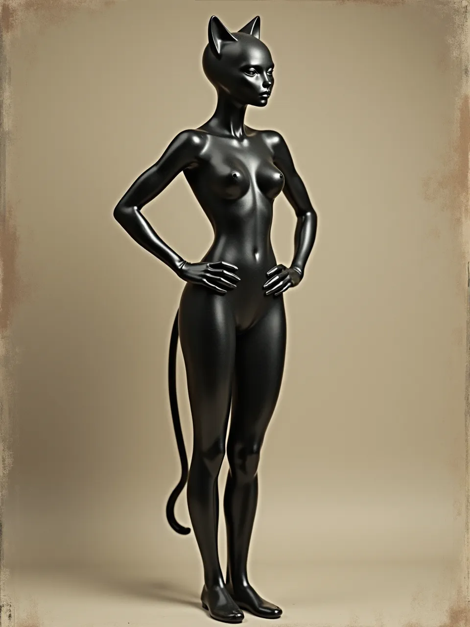 This Raymond Duchamp-Villon style Catwoman sculpture boasts dramatic lighting on sleek, polished metallic textures. An exquisite artistic medium renders this iconic figure with modernist flair.