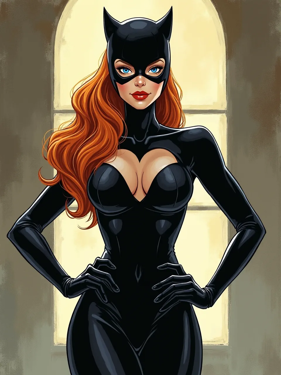 This Catwoman generation in Rebecca Guay's illustrative digital painting style features dramatic backlighting. It illuminates slick catsuit textures and flowing red hair, emphasizing form with vibrant, glowing detail.