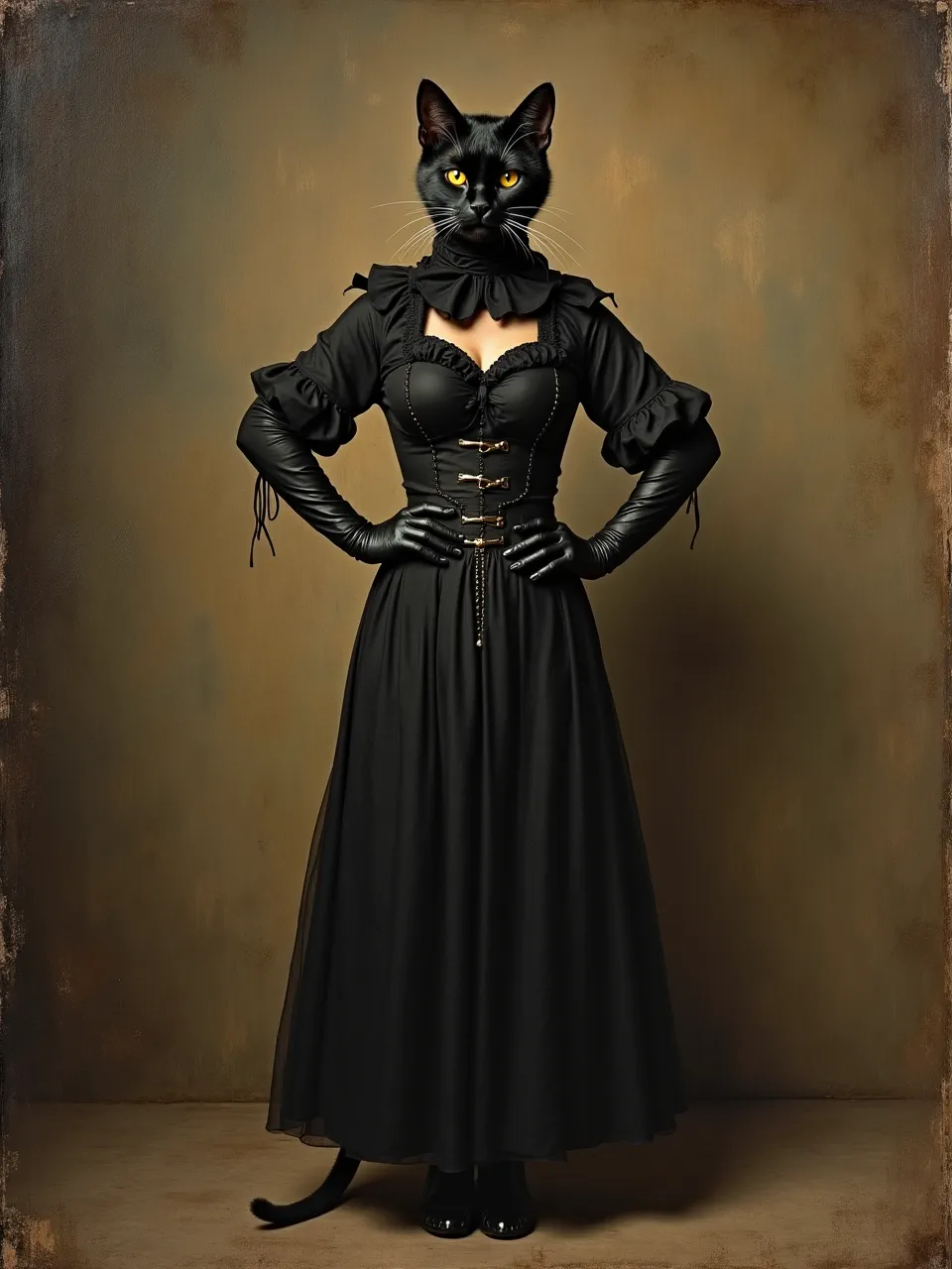 This Rembrandt-style AI Catwoman masterpiece features dramatic lighting and rich oil painting textures. The dark, elegant feline figure captivates with classic chiaroscuro artistry.