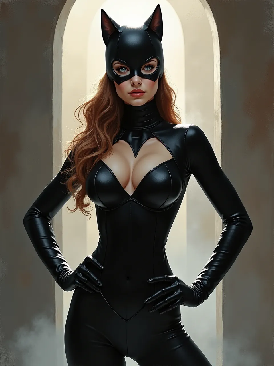 Richard Anderson's artistic influence shapes this Flux AI Catwoman digital painting, featuring dramatic lighting illuminating exquisite, hyper-realistic leather textures and intricate details.