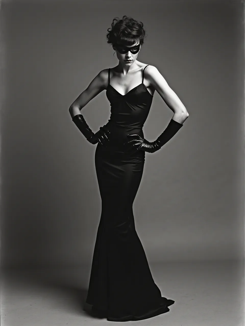 Evoking Richard Avedon's mastery, this Catwoman generation shines with dramatic black and white studio lighting, capturing luxurious textures in a striking fashion photography portrait.