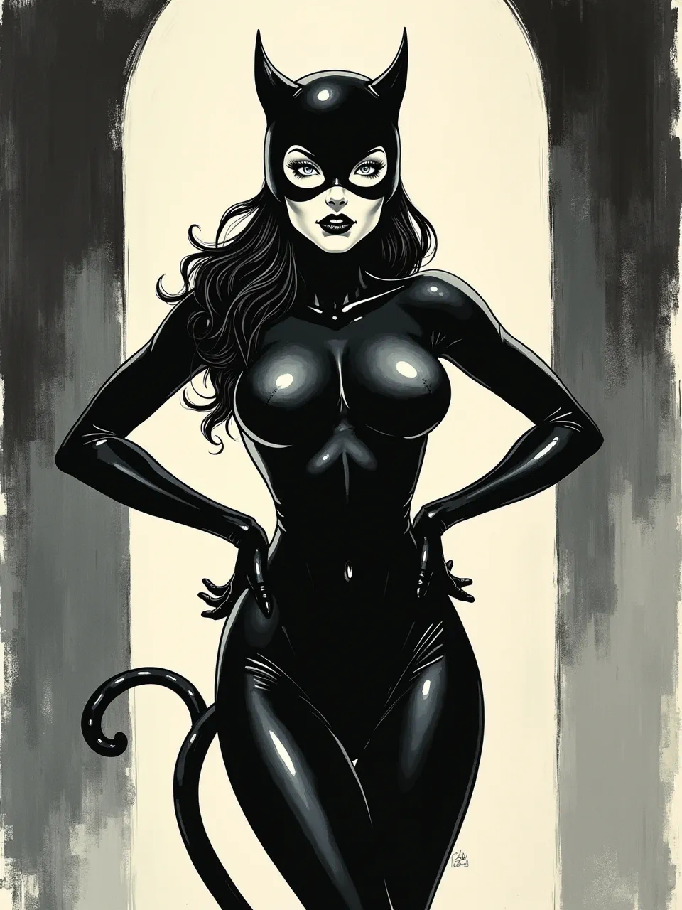 Intense, dramatic lighting vividly accentuates glossy latex textures on this powerful Catwoman. A striking Richard Corben-style digital illustration, perfectly capturing classic comic art allure and dynamism.