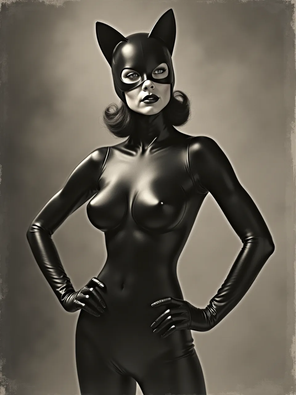 This Flux AI generation captures Catwoman in Richard Hamilton's Pop Art style, displaying dramatic lighting on sleek, glossy textures within a striking vintage monochrome print medium.