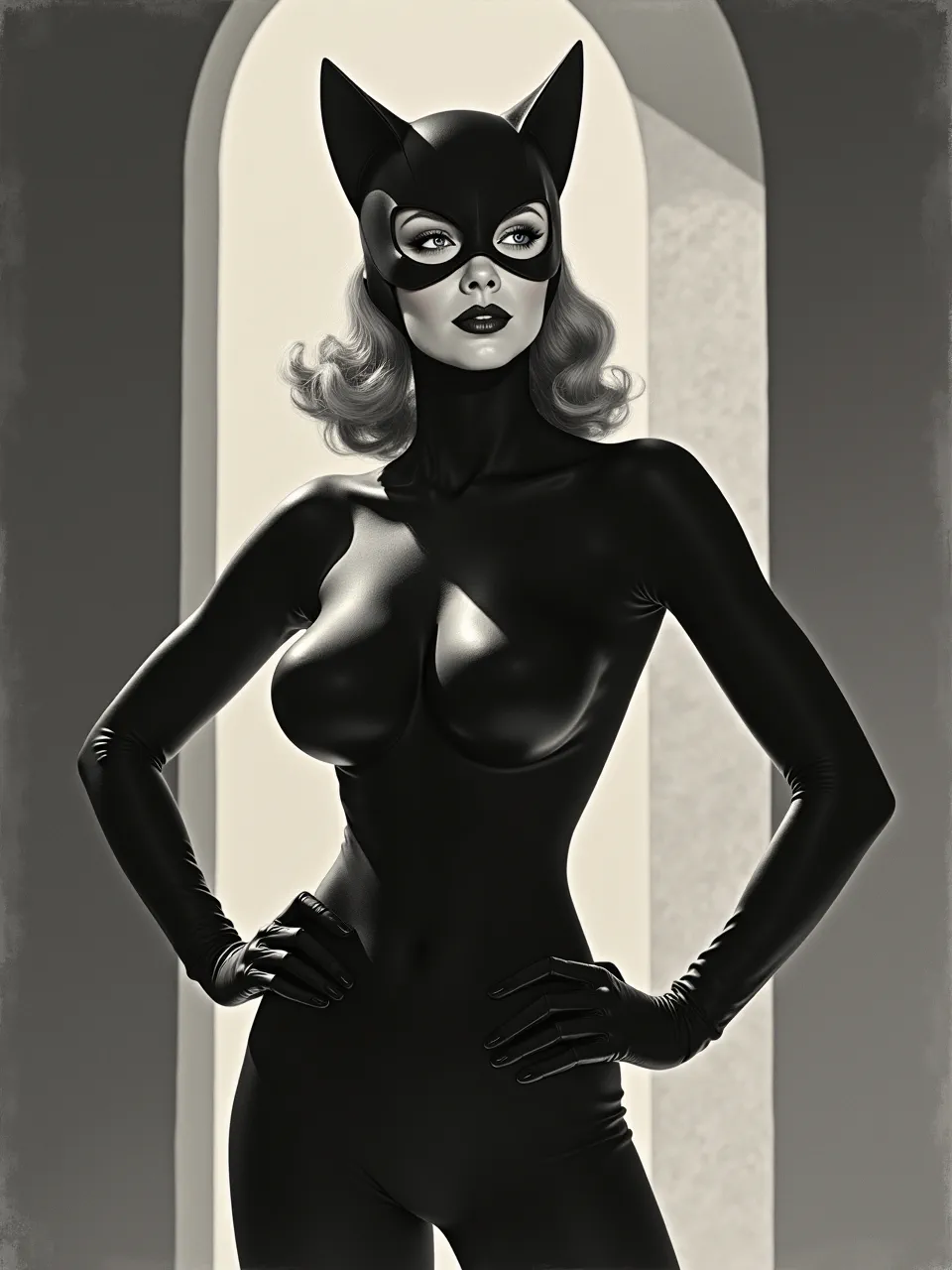 This striking Catwoman generation, deeply inspired by Richard Lindner's style, features high-contrast lighting emphasizing glossy latex textures within a compelling graphic digital artwork, rich in pop art aesthetics.