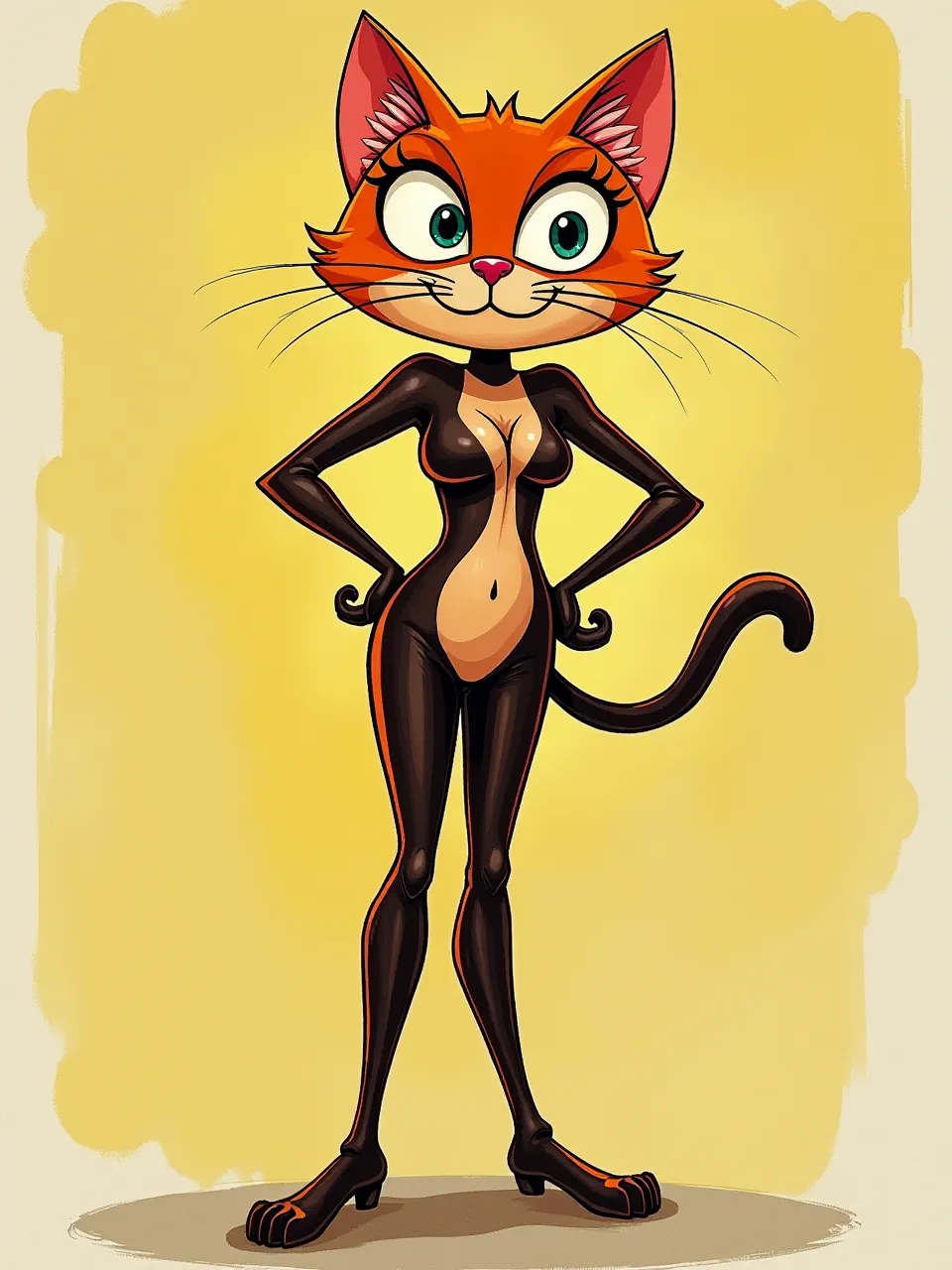 This vibrant Catwoman digital illustration, in a distinct Richard Scarry cartoon style, showcases crisp lines, smooth textures, and bright, even lighting for a playful feline character.