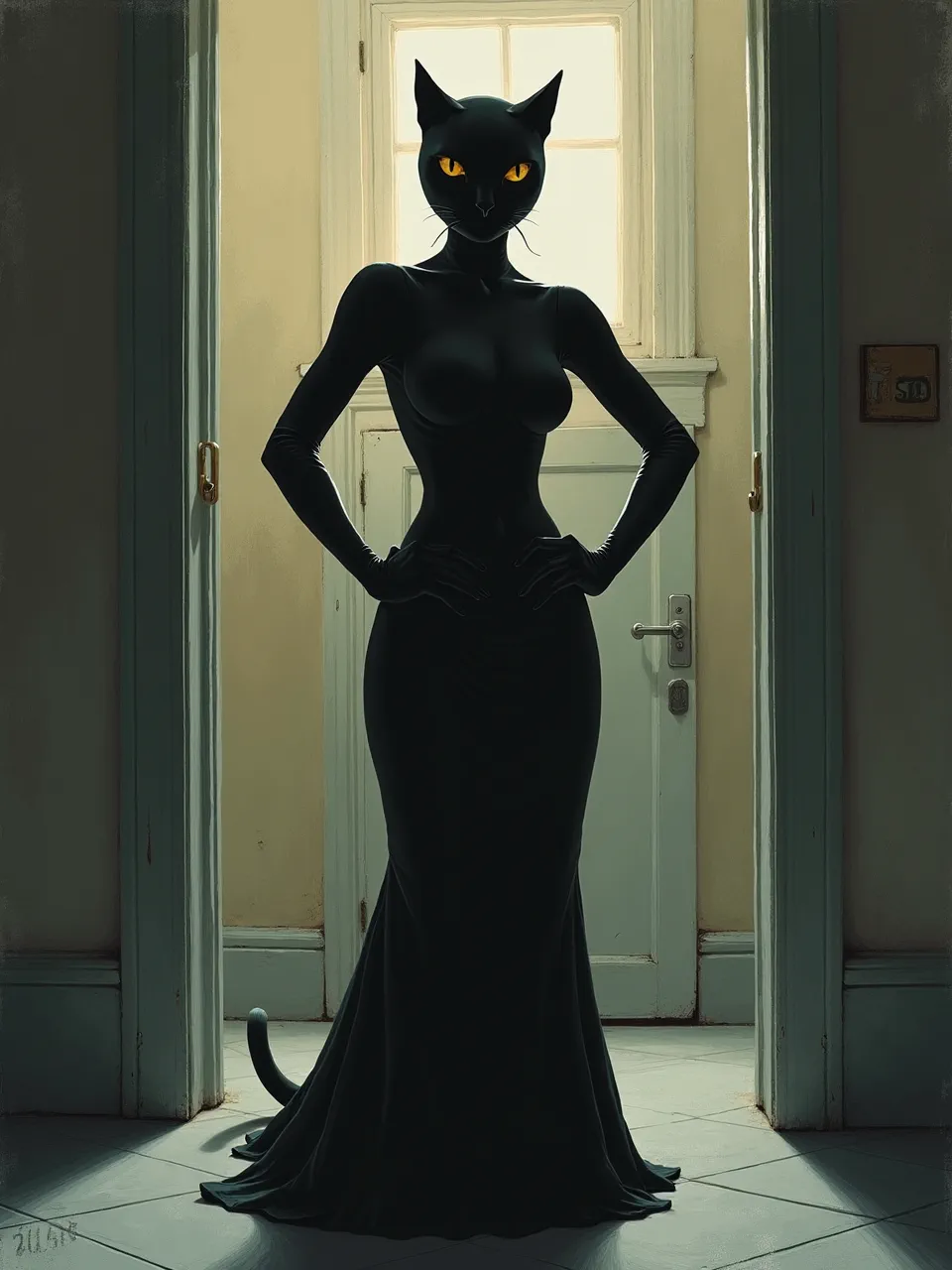 Mesmerizing Catwoman in Rob Gonsalves' surreal style, highlighting dramatic digital art lighting and velvety textures. This captivating AI generation offers a unique artistic vision.