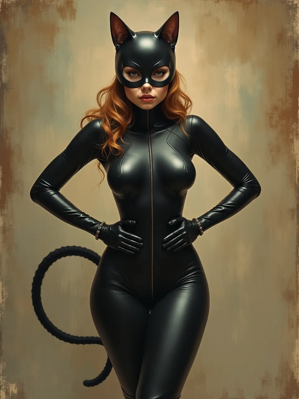 This Flux AI Catwoman generation, in Robert Bissell's style, showcases soft, dreamlike lighting, rich latex textures, and a distinctive painterly oil background. Exquisite digital art.
