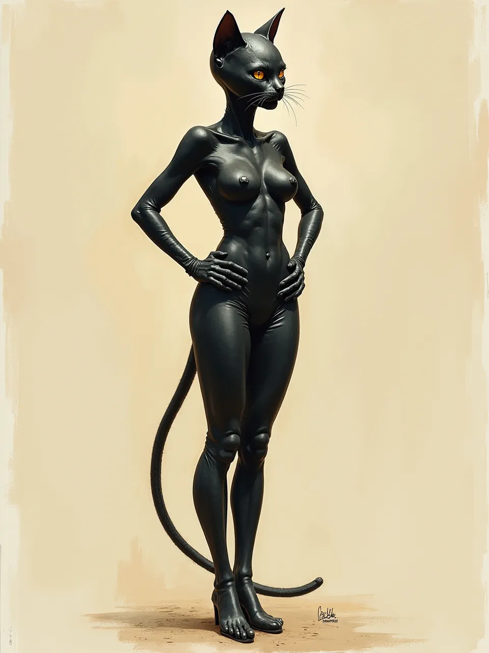 This Robert Ingpen-style Catwoman generation features exquisite dark, sleek textures and luminous eyes, enhanced by dramatic lighting. A masterfully rendered fantasy art illustration, evoking a classic illustrative medium.