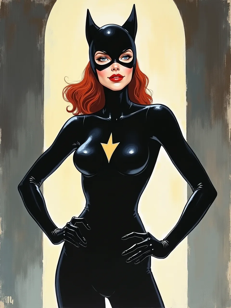 This Flux AI Catwoman generation, in Robert McCall's style, showcases striking highlights on glossy textures and dramatic lighting. The digital painting features a richly painted background, offering powerful AI art.