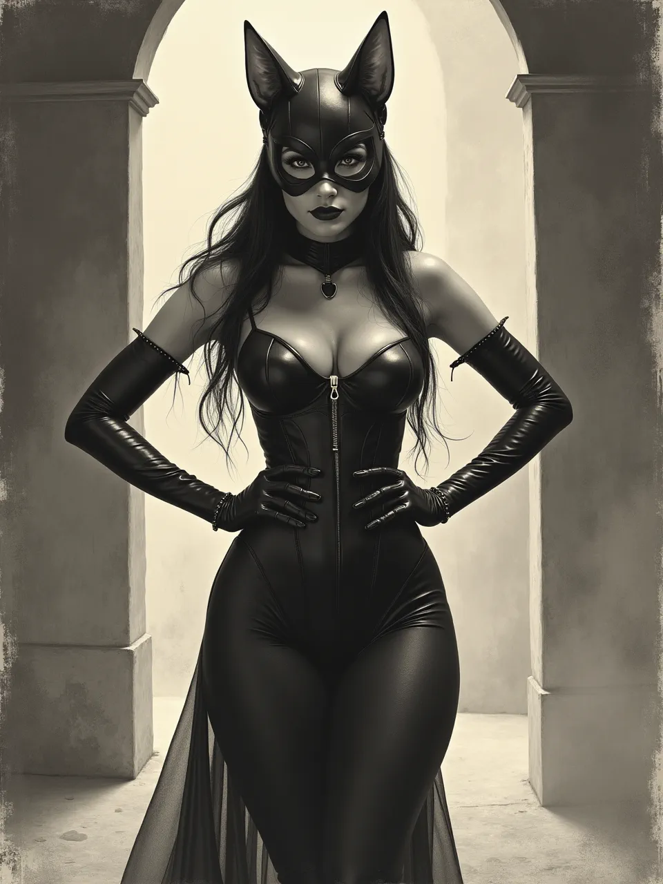 This Rodney Matthews-inspired Catwoman digital painting highlights striking chiaroscuro lighting and glossy leather textures. This fantasy illustration masterfully blends classic superheroine aesthetics.