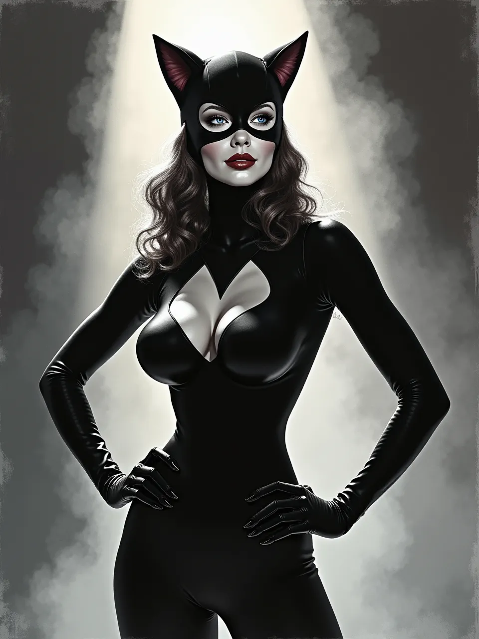 This striking Catwoman portrait, a digital illustration, blends Roger Dean's polished aesthetic with dramatic spotlighting and shimmering textures, creating an iconic, alluring superheroine image.