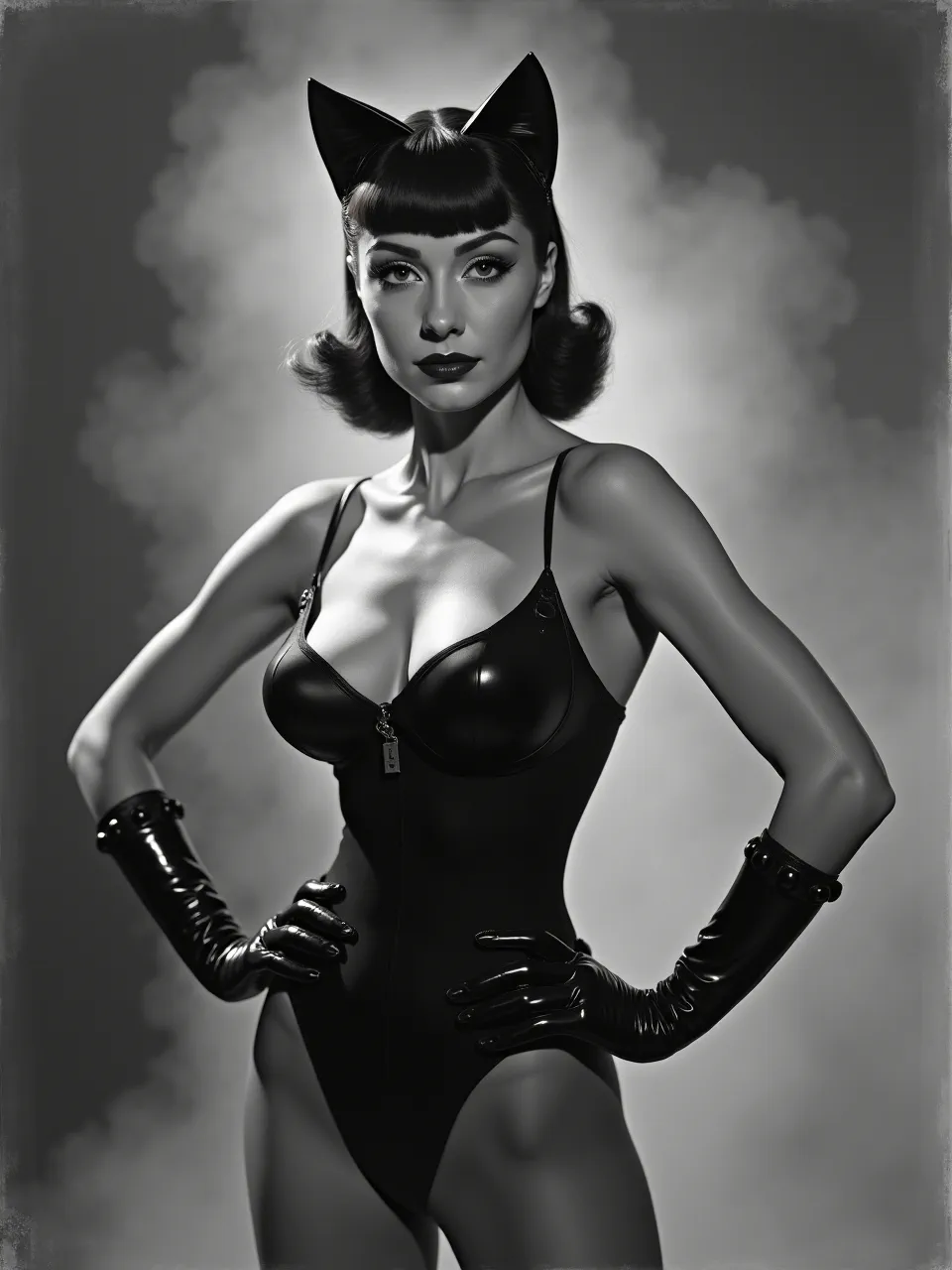This Catwoman generation, in classic Rolf Armstrong style, features dramatic lighting highlighting glossy textures. A stunning monochrome illustration, capturing vintage allure and iconic character essence.