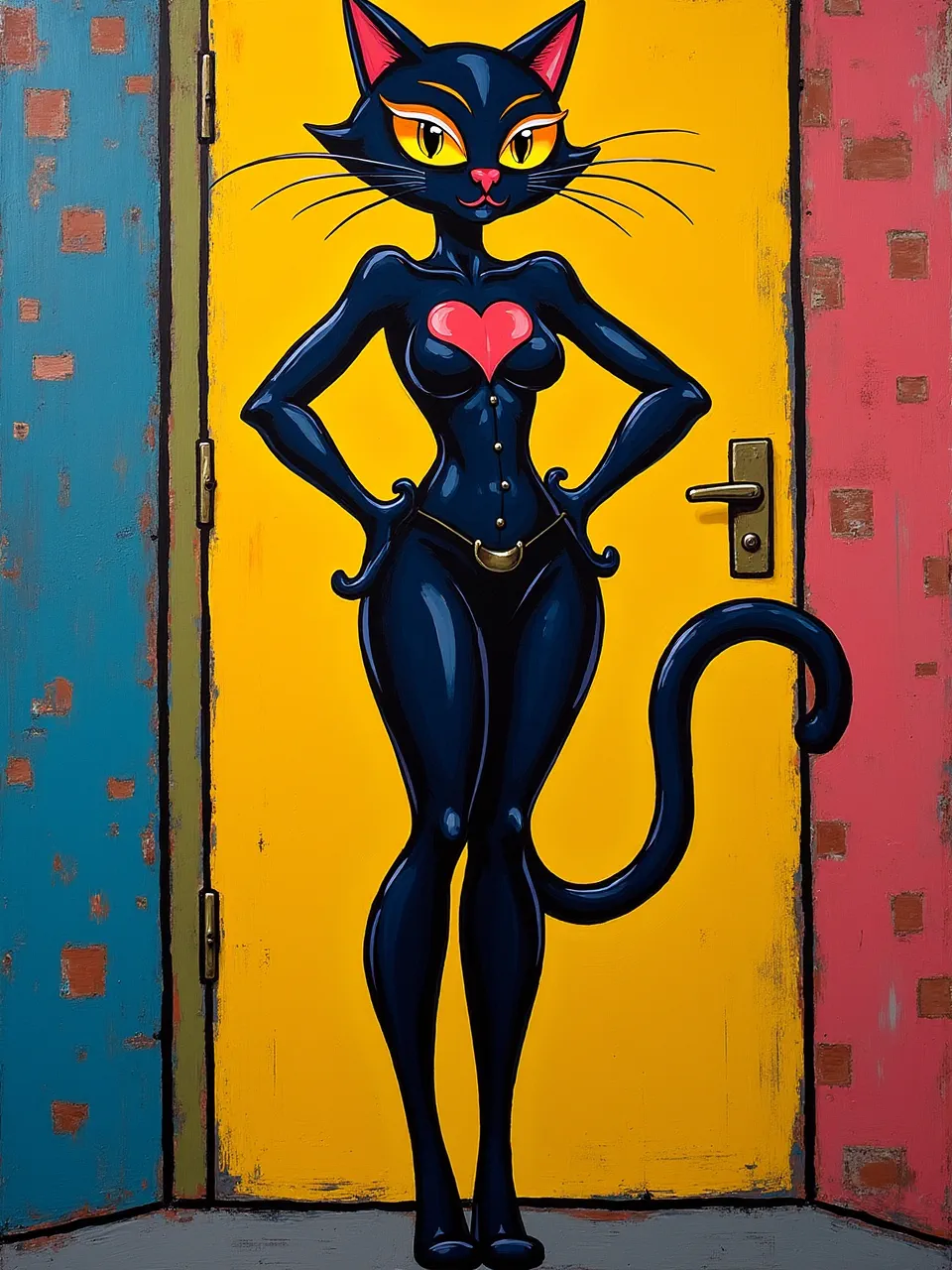 This vibrant Romero Britto Catwoman digital painting showcases glossy textures, crisp lighting. Bold lines define the sleek figure against distressed, colorful backgrounds, reflecting a playful pop-art style.