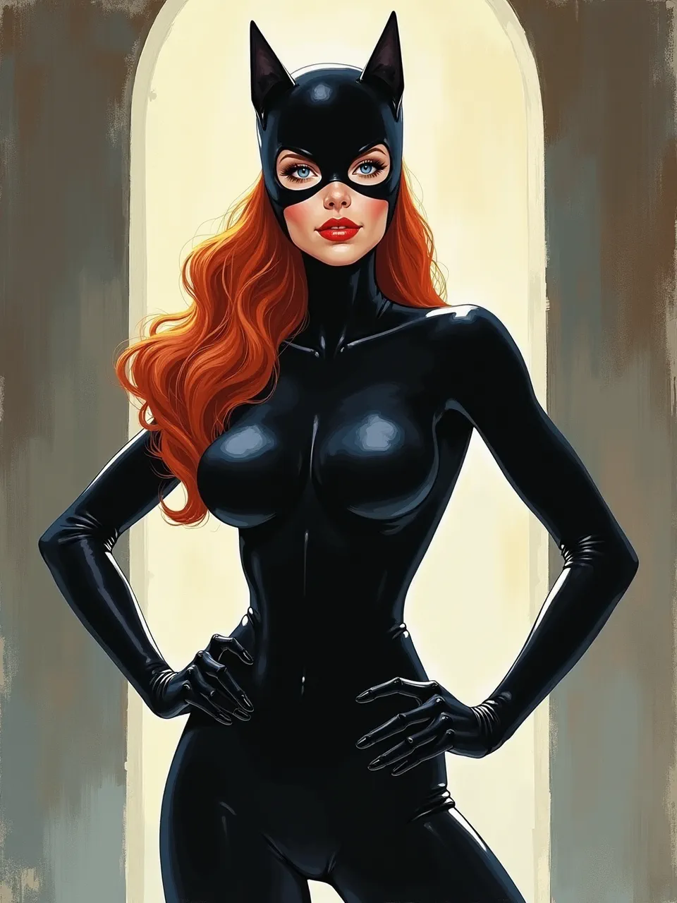 This striking Catwoman digital painting, reminiscent of Ron Cobb's illustrative style, features dramatic backlighting highlighting glossy latex textures and vibrant hair. An evocative superhero art piece.
