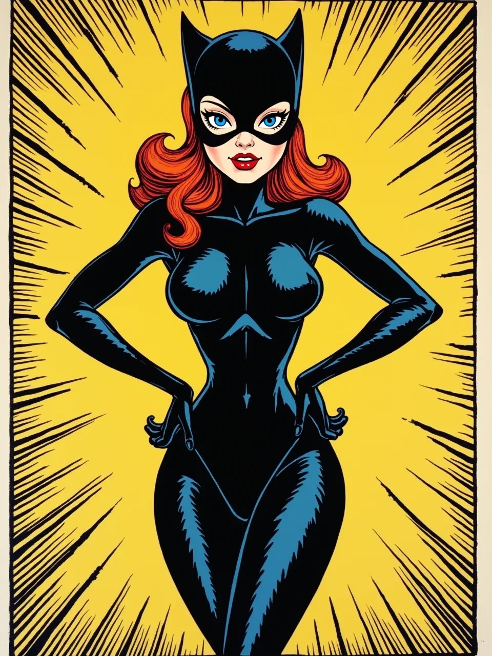 This dynamic Roy Lichtenstein Catwoman pop art uses dramatic lighting, slick glossy textures, and bold, flat comic book colors, emulating classic comic panel illustration style.