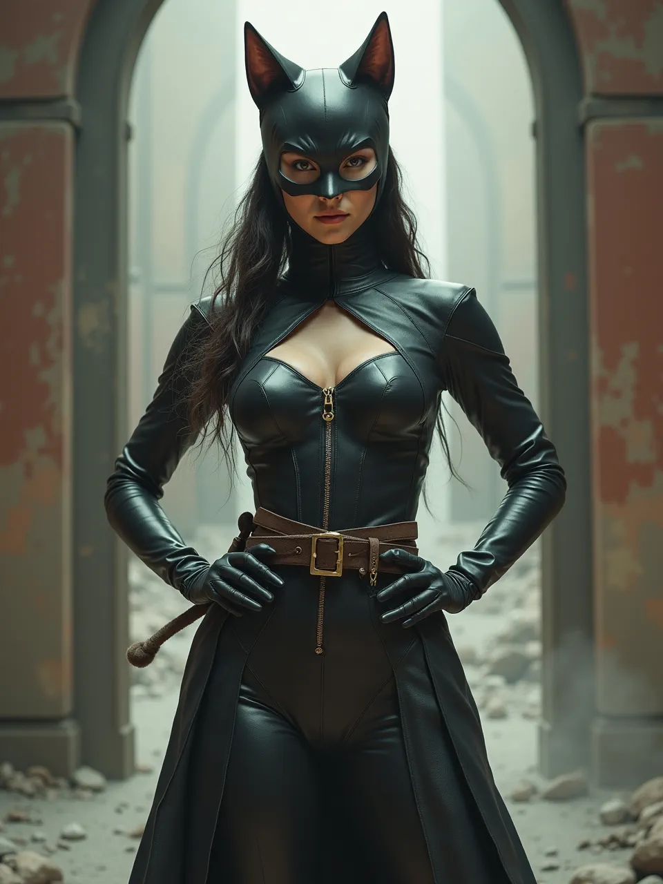 This Flux AI generated Catwoman digital painting, infused with Ruan Jia's style, showcases exquisite glossy leather textures and dramatic atmospheric lighting, creating a captivating character piece.