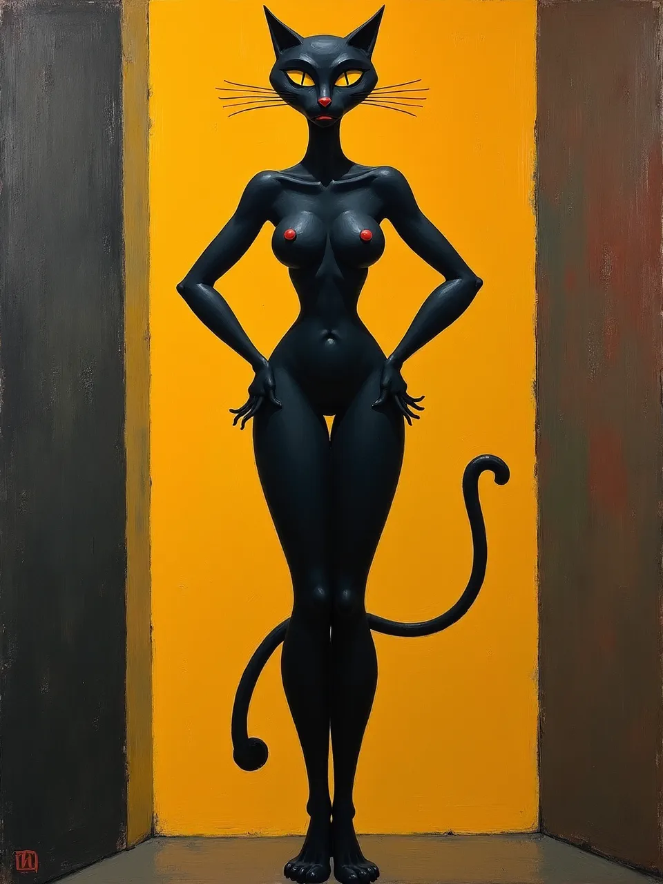 This Rufino Tamayo-inspired Catwoman generation features dramatic lighting illuminating her smooth, sculptural textures. The vibrant oil painting medium expertly captures her powerful, stylized form.