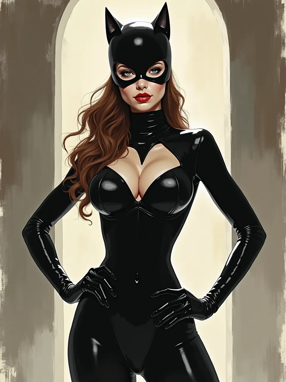 This Russ Mills-inspired Catwoman digital artwork features dynamic lighting highlighting glossy, reflective latex textures against a painterly background, showcasing the rich mixed-media style.