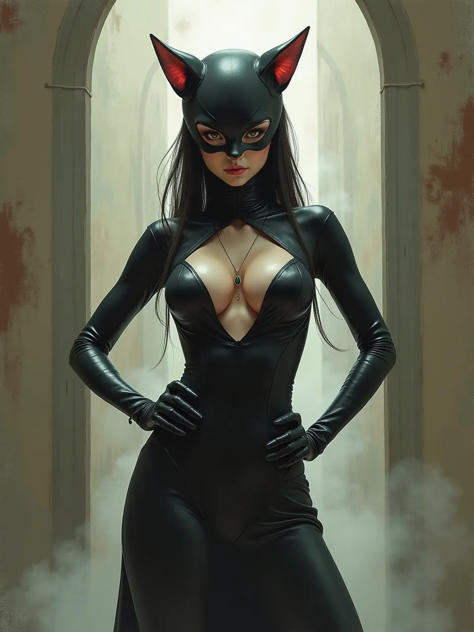 Flux AI presents Catwoman in Ryohei Hase's signature digital illustration style. Dramatic backlighting highlights glossy leather textures, creating a striking, atmospheric character portrait.