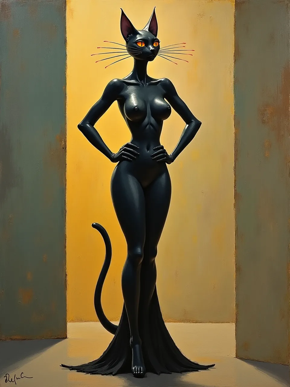 This surreal Catwoman, envisioned by AI in Salvador Dali's style, showcases dramatic lighting on its sleek, sculptural form. Rich oil painting textures enhance this digital masterpiece.