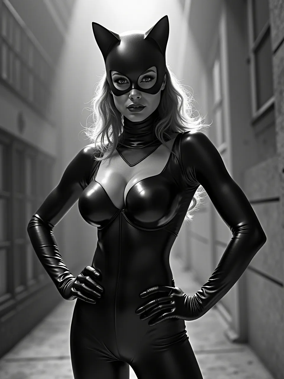 Flux AI's Catwoman, in striking Sam Gilliam style, presents dramatic lighting and glossy leather textures. A monochrome digital illustration, it highlights her sculptural form.