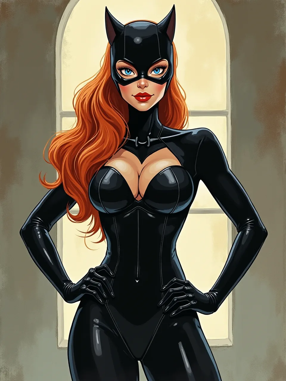 This dynamic Catwoman art in Sam Guay's vibrant digital painting style boasts luminous lighting, glossy latex textures, and flowing hair, an iconic, beautifully rendered character portrait.