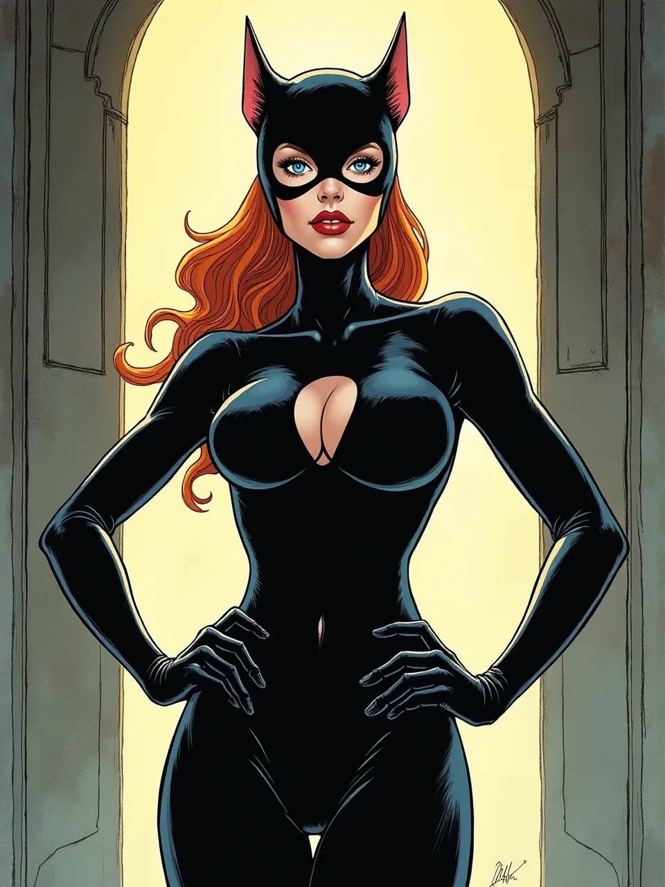 Captivating Catwoman artwork, Sam Kieth-influenced digital illustration. Striking vibrant lighting enhances sleek, glossy textures of her suit, rendered with bold comic book ink lines.