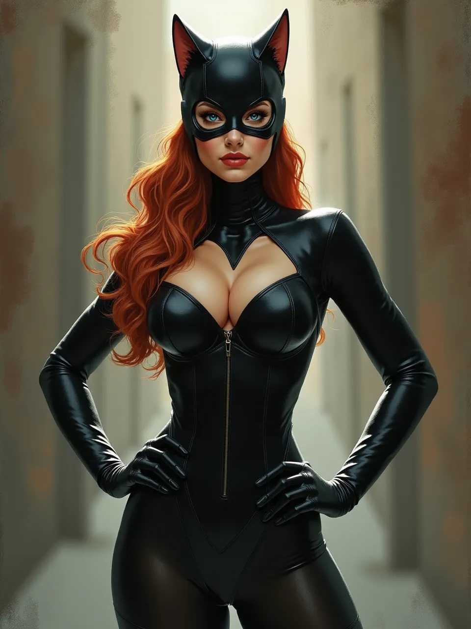 This Sam Spratt-inspired Catwoman digital painting features dramatic lighting illuminating glossy leather textures and vibrant red hair, achieving hyper-realistic detail.