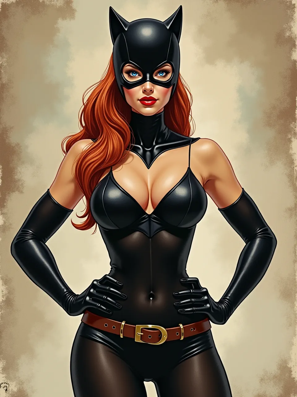 This vibrant Catwoman, a Flux AI generation in Sandra Chevrier's style, features dramatic lighting. Sleek, glossy textures define this captivating digital painting, embodying comic book pop art aesthetics.