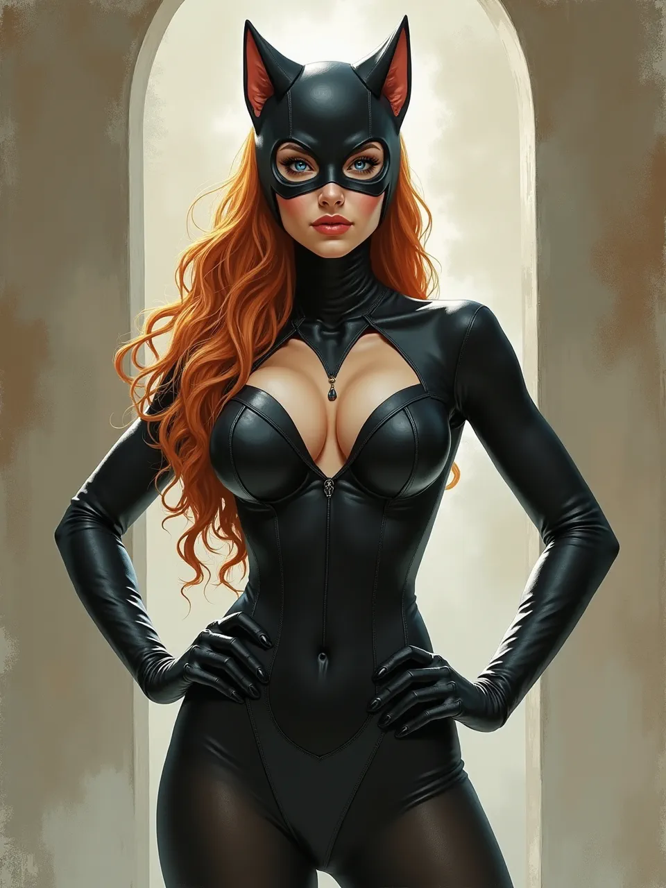 Saskia Gutekunst-inspired Flux AI portrait of Catwoman: soft window backlight blooms, glossy latex highlights, velvety shadows, and painterly digital airbrush textures create cinematic, high-detail realism.