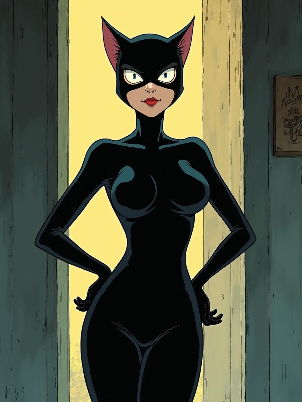 Satoshi Kon-inspired Catwoman cel-shaded anime illustration: warm backlit doorway glow, crisp ink outlines, subtle latex-like specular highlights, and gritty watercolor paper textures in digital 2D animation.