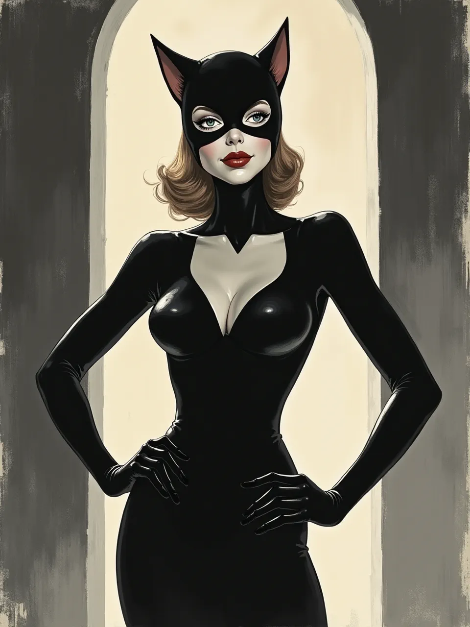 This Saul Tepper-inspired Catwoman digital illustration features dramatic lighting. Glossy textures and painterly brushstrokes define her sleek suit, capturing vintage pulp art allure.