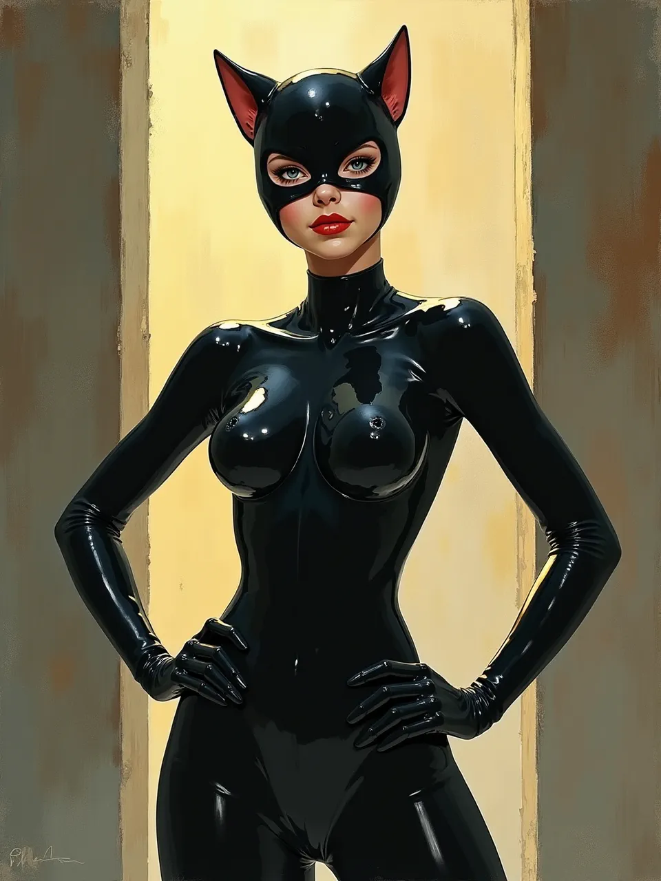 Scott Listfield's Catwoman shines with dramatic lighting, emphasizing slick, glossy textures. This captivating digital painting expertly blends a distinct artistic medium, creating vibrant highlights.