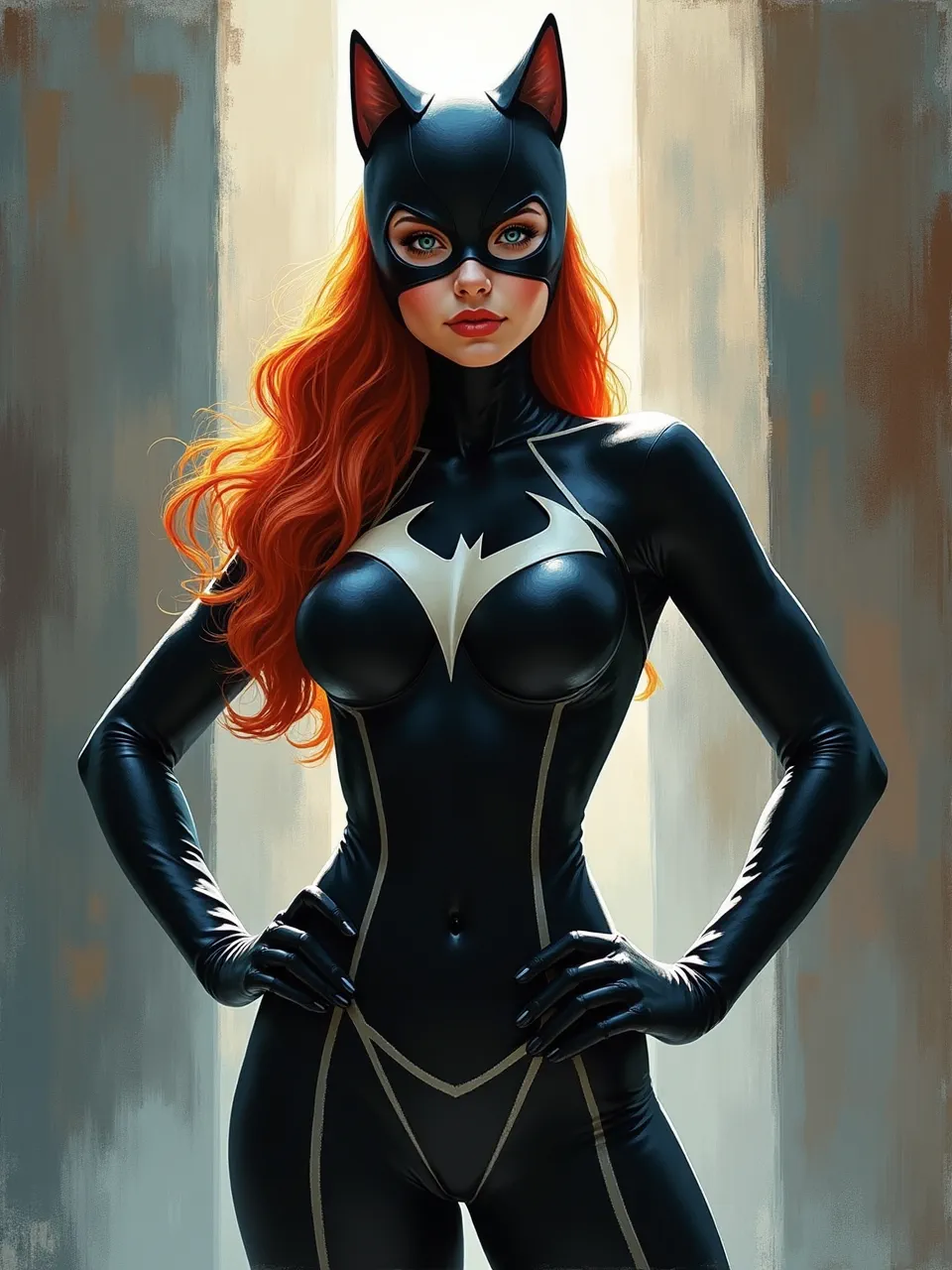 Vibrant Scott Naismith-style lighting illuminates Catwoman's sleek suit textures. This striking AI digital painting captures rich painterly detail, showcasing a unique artistic medium through its expressive brushwork.