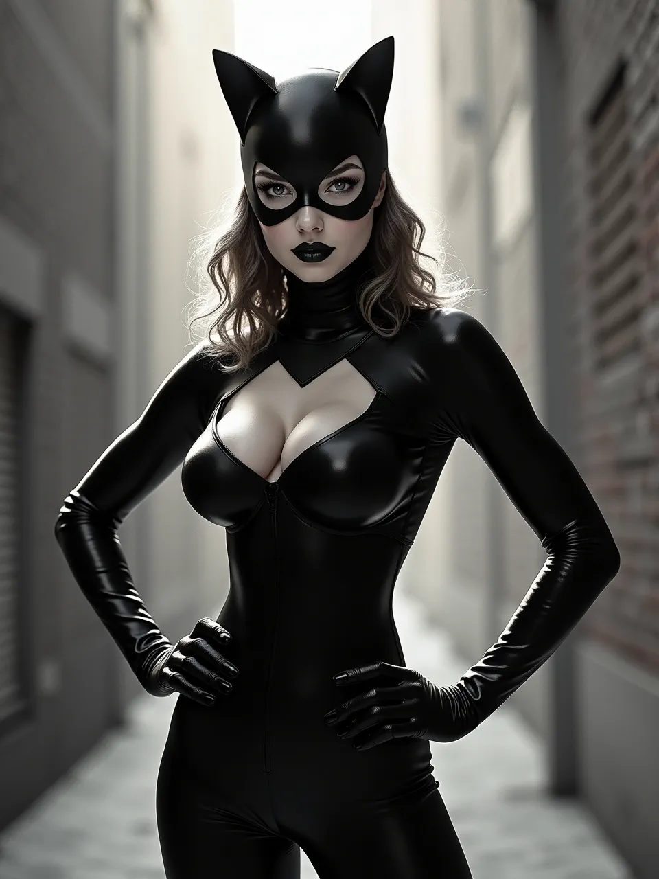 Flux AI depicts Catwoman in a gritty Sean Phillips style. Dramatic lighting accentuates glossy latex textures, creating a powerful, realistic digital artwork with striking depth.