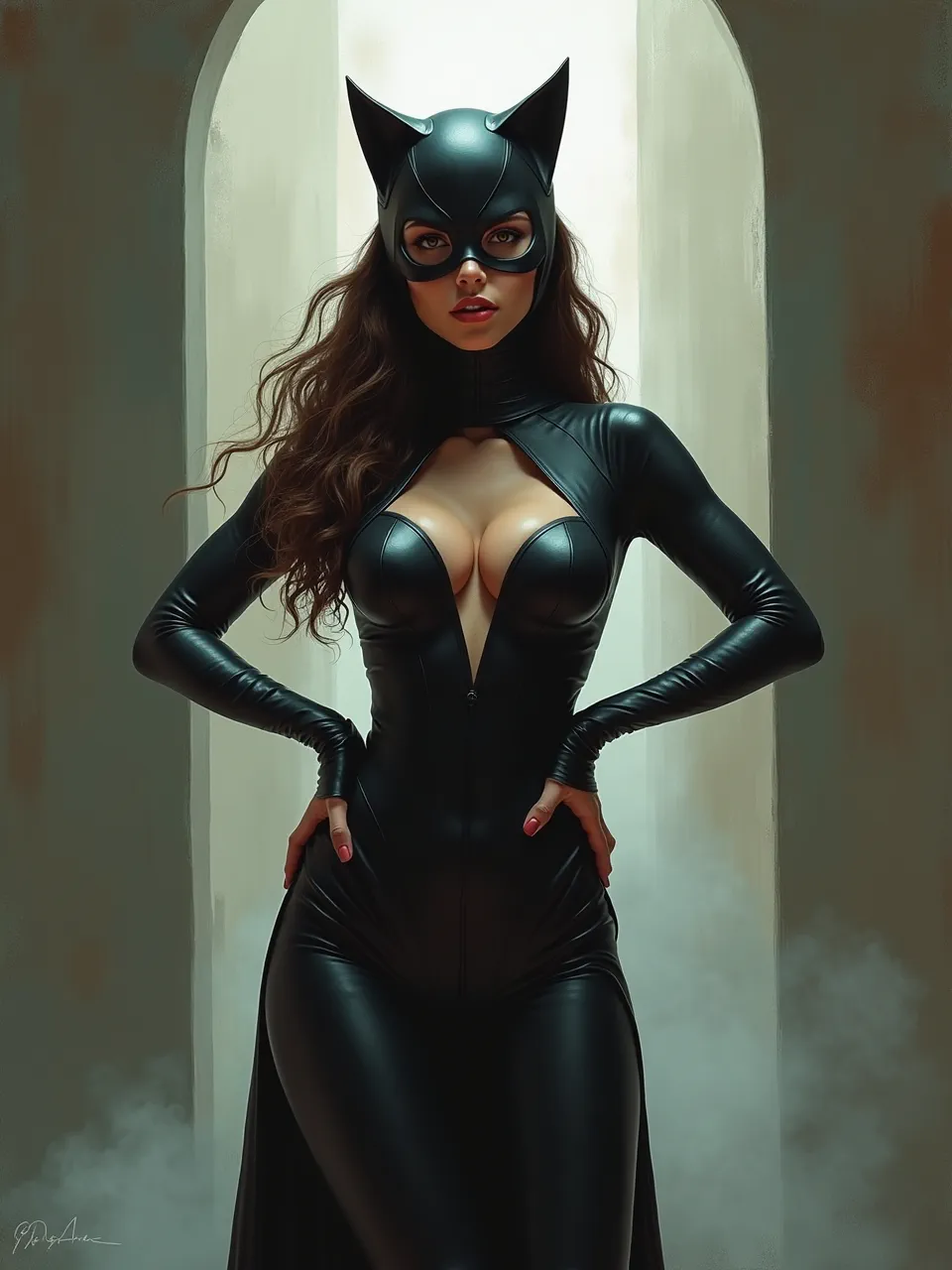 Shahab Alizadeh's Catwoman: a Flux AI digital painting where dramatic lighting accentuates glossy, rich leather textures, defining this captivating artistic rendition.