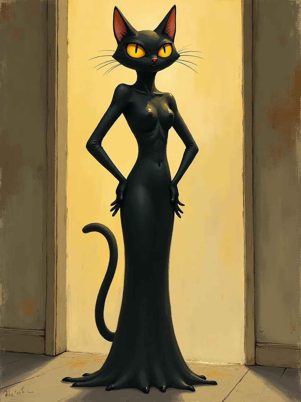 This captivating Shaun Tan-inspired Catwoman digital painting utilizes dramatic cinematic lighting to highlight unique textures. Painterly brushwork creates a stylized, moody atmosphere, emphasizing the character's mysterious allure.