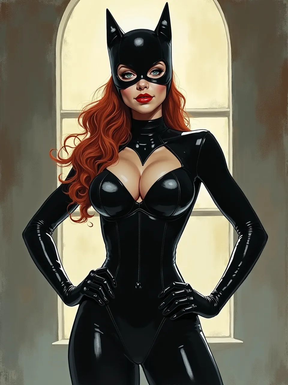 This bold Catwoman digital painting, channeling Shawn Coss's intense style. Dramatic backlighting illuminates vibrant red hair and slick, reflective latex textures beautifully, epitomizing powerful comic art.