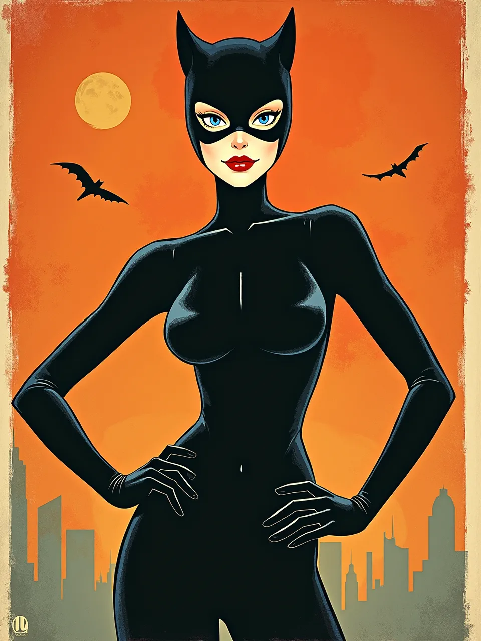 This Flux AI Catwoman image captures Shepard Fairey's iconic graphic art style. Emulating a vintage screen print, it features dramatic lighting and distressed textures in its digital medium.
