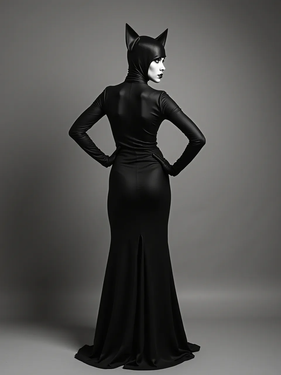 This striking Sherry Akrami-inspired Catwoman digital art showcases dramatic high-contrast lighting, emphasizing sleek textures of her elegant monochrome attire, capturing powerful photographic allure.