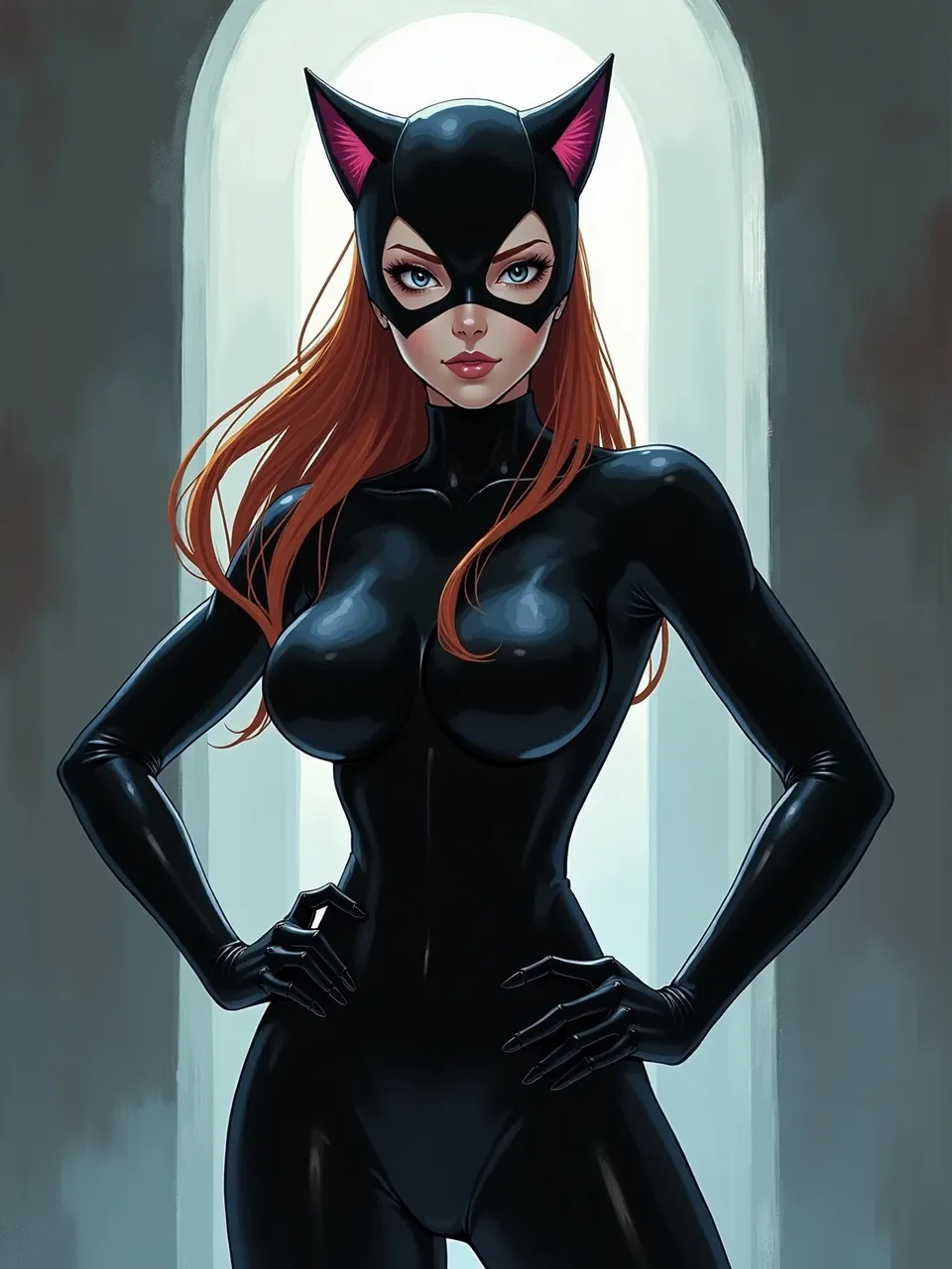 This Shinji Aramaki style Catwoman digital illustration features dramatic backlighting highlighting the glossy, futuristic textures of her sleek suit, masterfully rendered with intense contrast and polished surfaces.