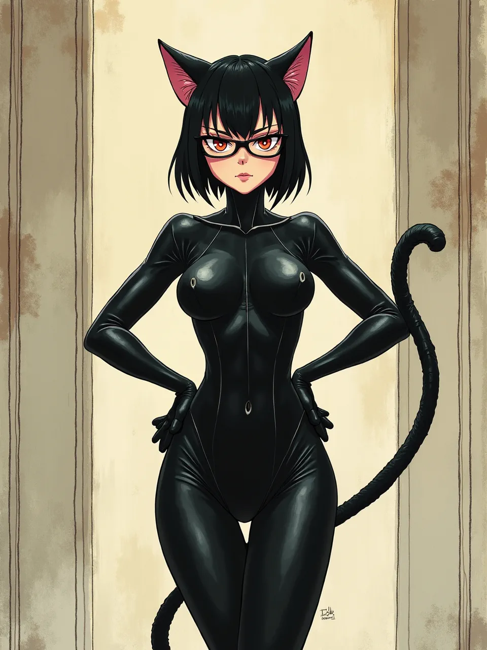 This Shintaro Kago-inspired Catwoman digital illustration features striking lighting accentuating glossy suit textures. This AI art generation highlights intricate details and her captivating presence.