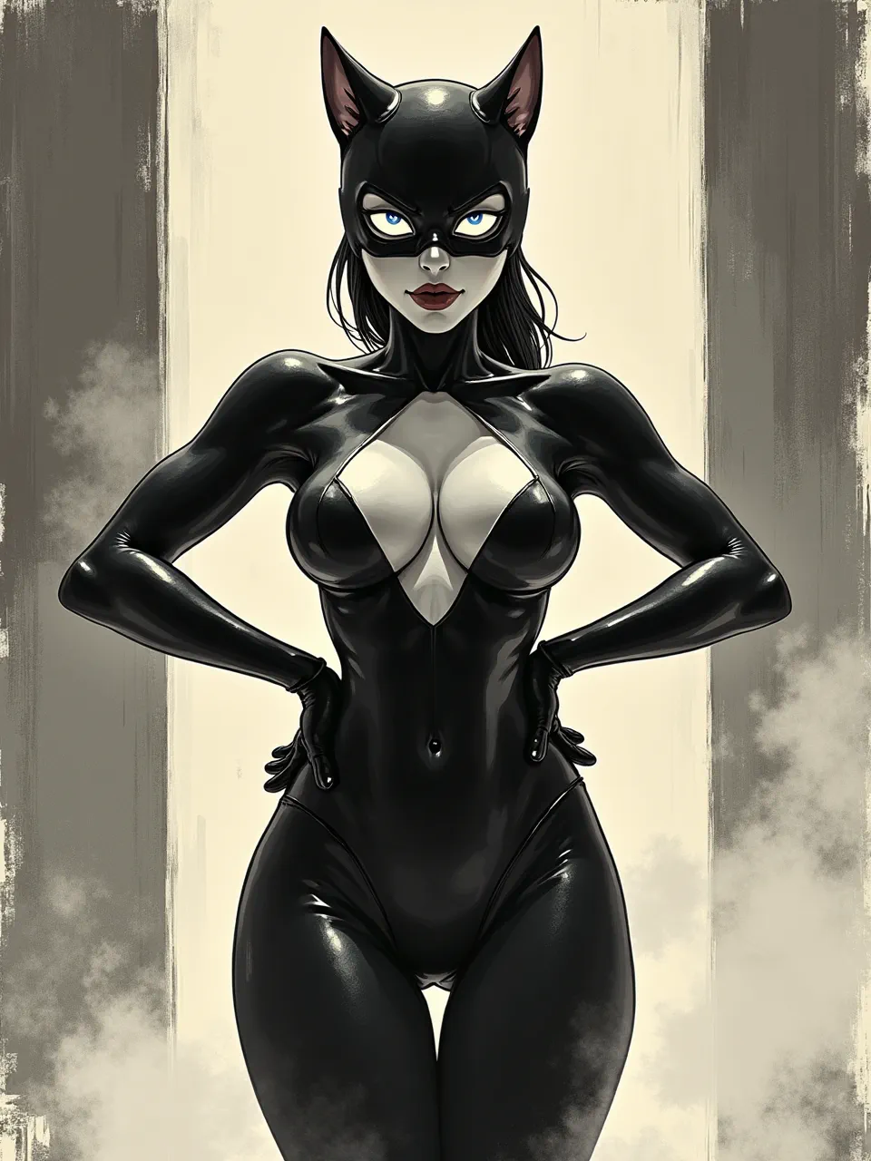 This Shohei Otomo-inspired Catwoman flaunts dramatic lighting, incredibly glossy latex textures, and crisp details. This striking digital pen and ink illustration highlights her iconic look.